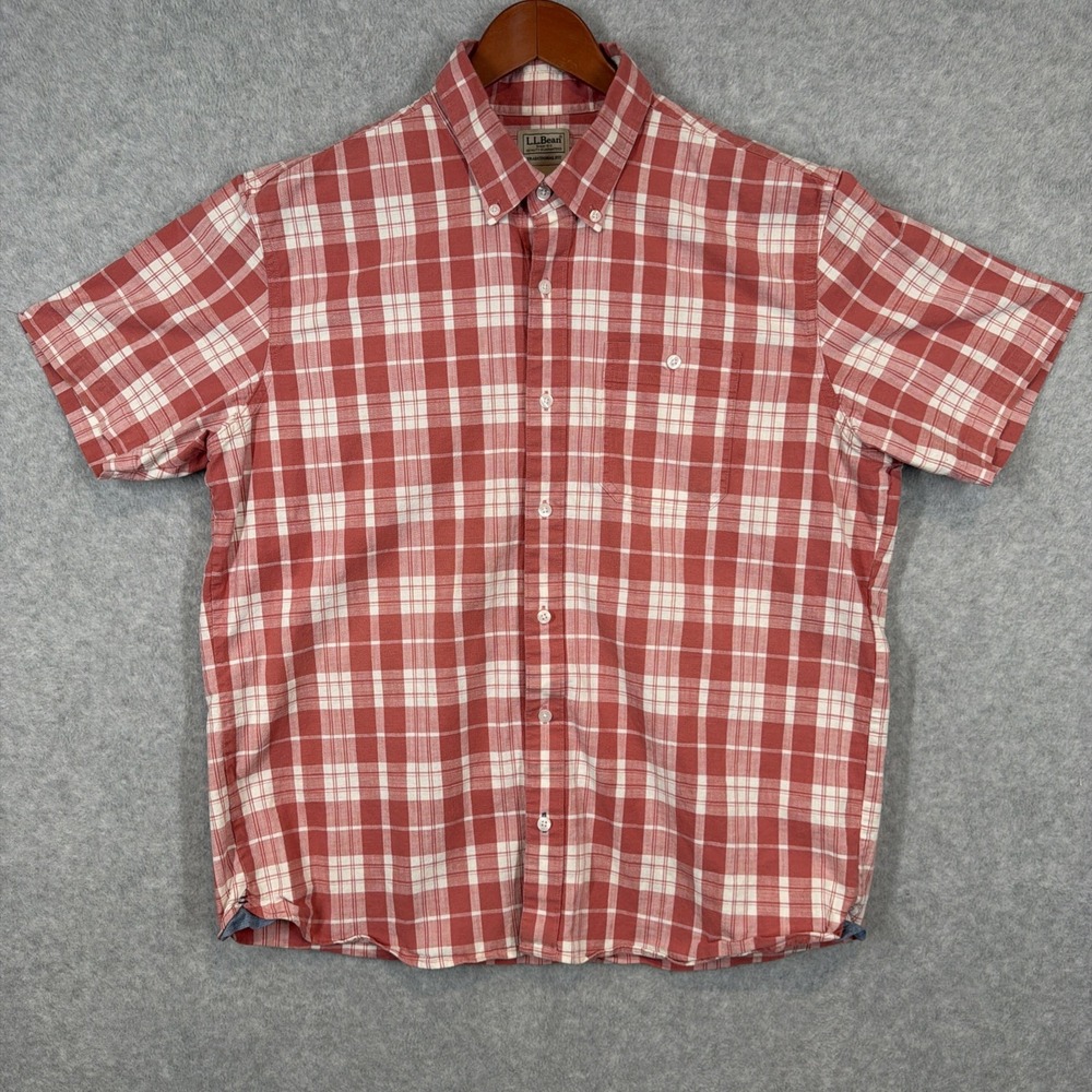 LL Bean Traditional Fit Red White Plaid Short Sleeve Button Up Shirt Mens Large